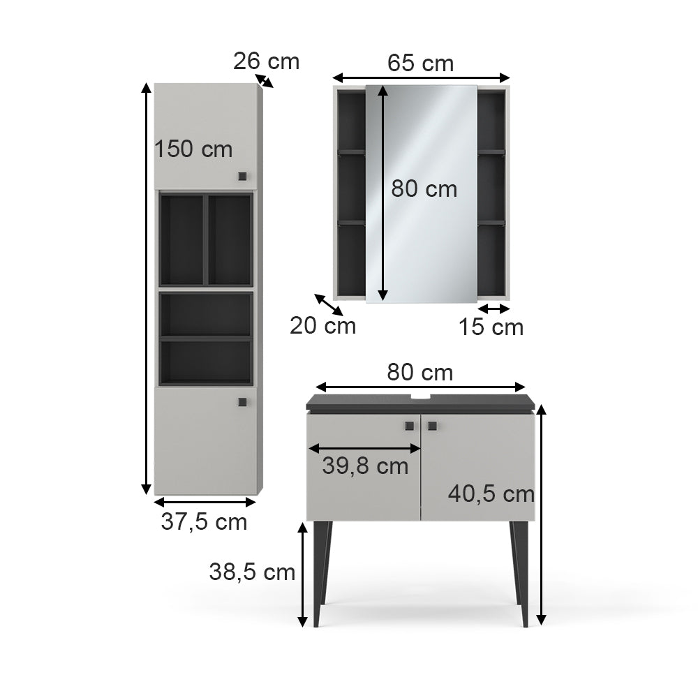 Vicco Set di mobili da bagno Grigio 3 parti, pensile 2 ante