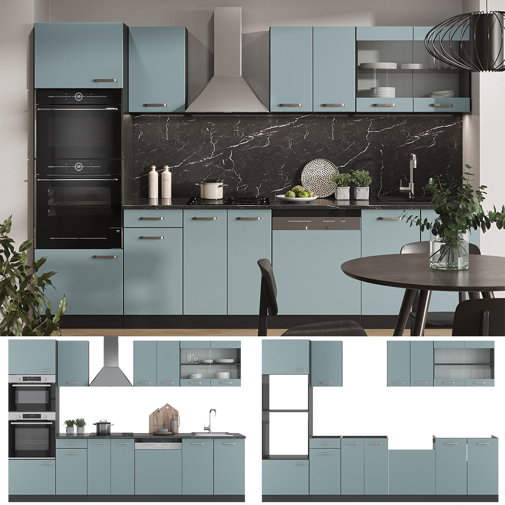 Vicco Cucina componibile Blu-grigio/antracite 300 cm con armadio alto, PL Marmo
