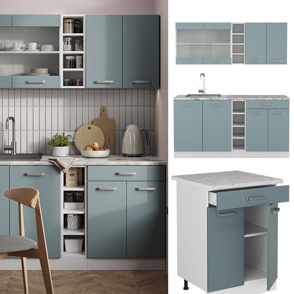 Vicco Cucina monoblocco Blu-grigio/bianco 160 cm Senza piano di lavoro