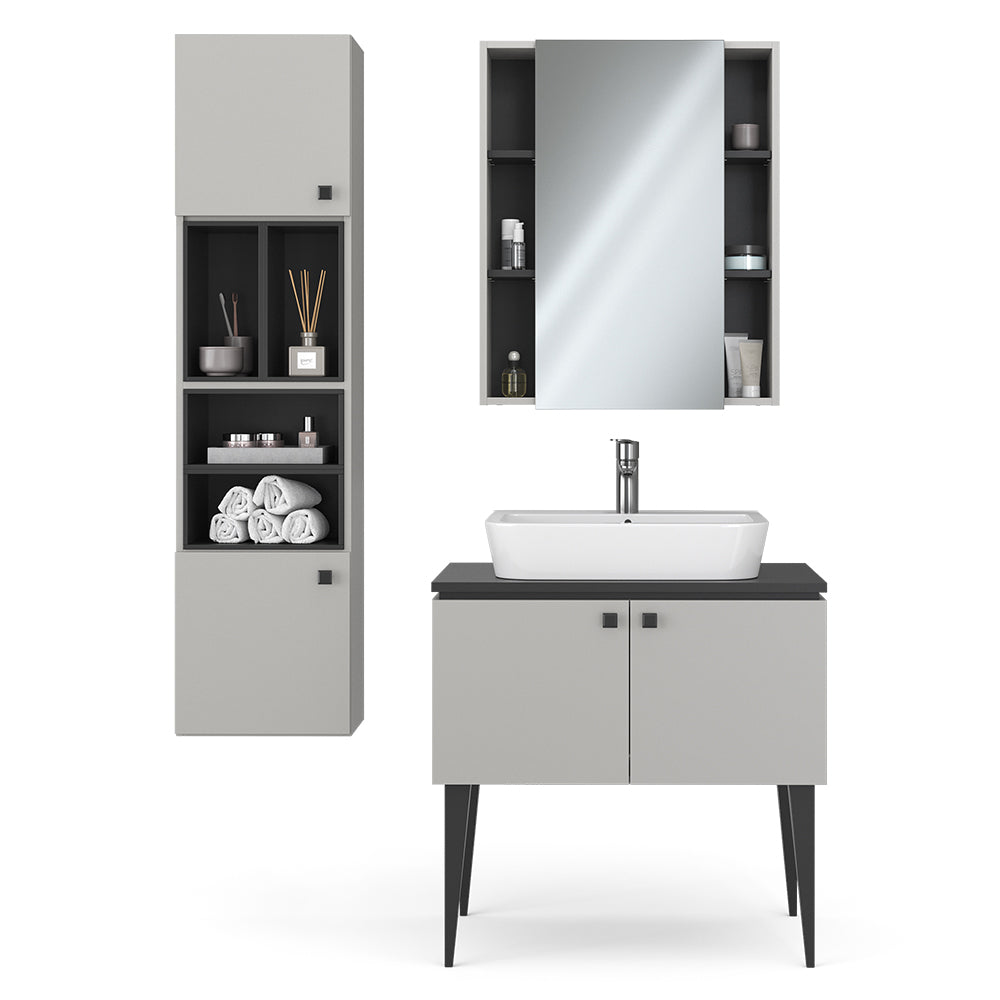 Vicco Set di mobili da bagno Grigio 3 parti, pensile 2 ante