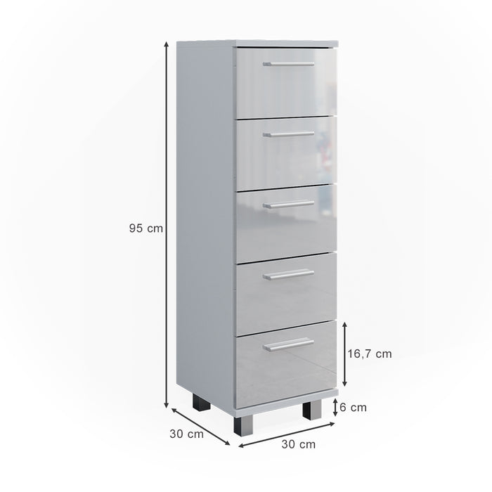 Vicco Cassettiera da bagno Bianco lucido 30 x 95 cm
