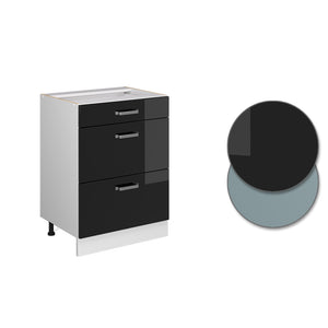 Vicco Mobiletto base per cucina Nero lucido 60 cm con cassetti, senza piano di lavoro