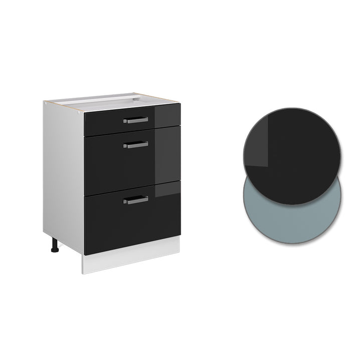 Vicco Mobiletto base per cucina Nero lucido 60 cm con cassetti, senza piano di lavoro