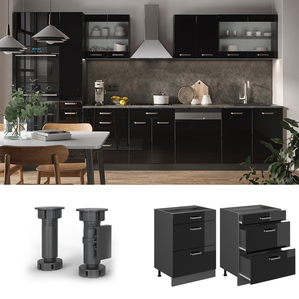 Vicco Mobiletto base per cucina Nero lucido 60 cm con cassetti, senza piano di lavoro