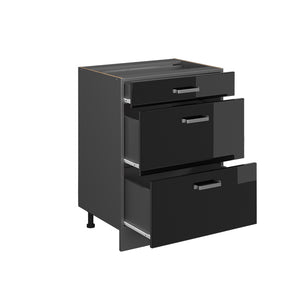 Vicco Mobiletto base per cucina Nero lucido 60 cm con cassetti, PL Rovere