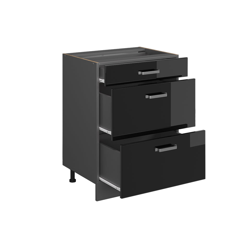 Vicco Mobiletto base per cucina Nero lucido 60 cm con cassetti, senza piano di lavoro