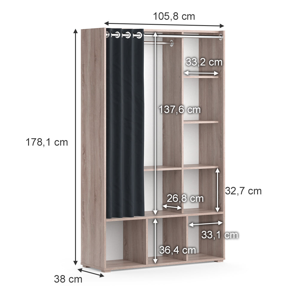Vicco Guardaroba per bambini Sonoma 38 x 178.1 cm con appendiabiti a tenda