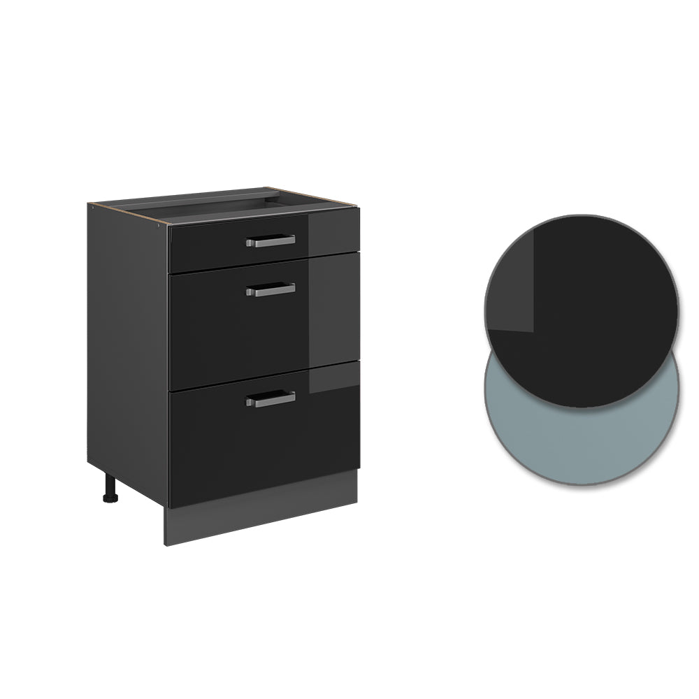 Vicco Mobiletto base per cucina Nero lucido 60 cm con cassetti, senza piano di lavoro