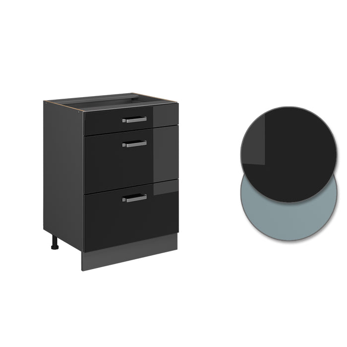 Vicco Mobiletto base per cucina Nero lucido 60 cm con cassetti, senza piano di lavoro