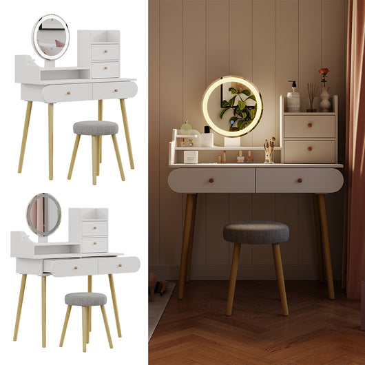 Vicco Tavolo da toeletta Bianco 100 cm con specchio LED e sgabello