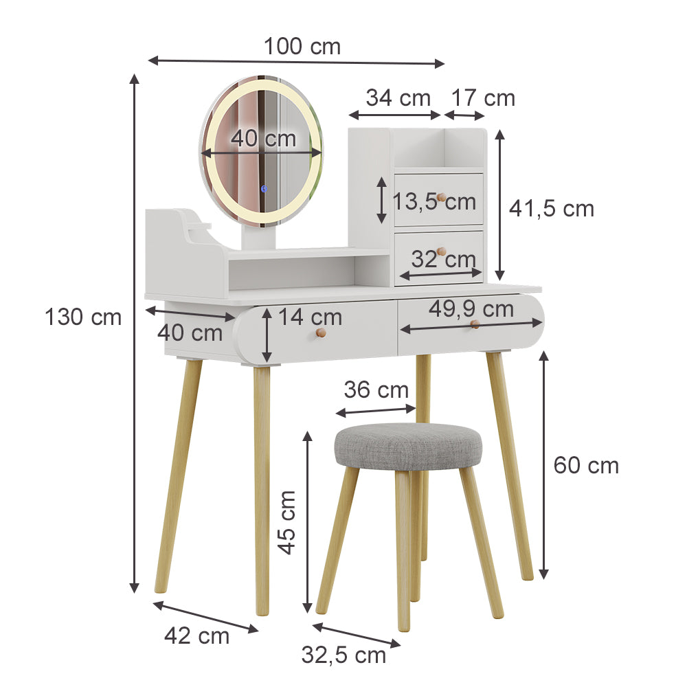 Vicco Tavolo da toeletta Bianco 100 cm con specchio LED e sgabello