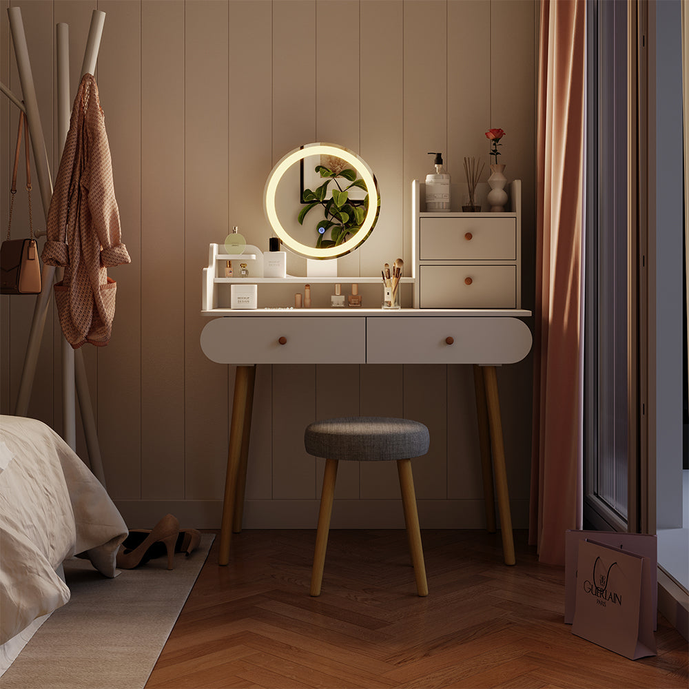 Vicco Tavolo da toeletta Bianco 100 cm con specchio LED e sgabello