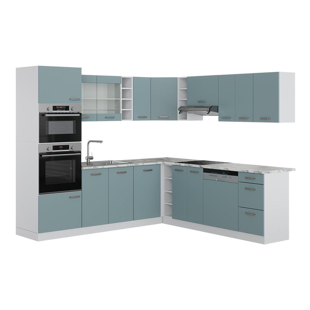 Vicco Cucina angolare completa Blu-grigio/bianco 237 x 60 cm senza piano di lavoro