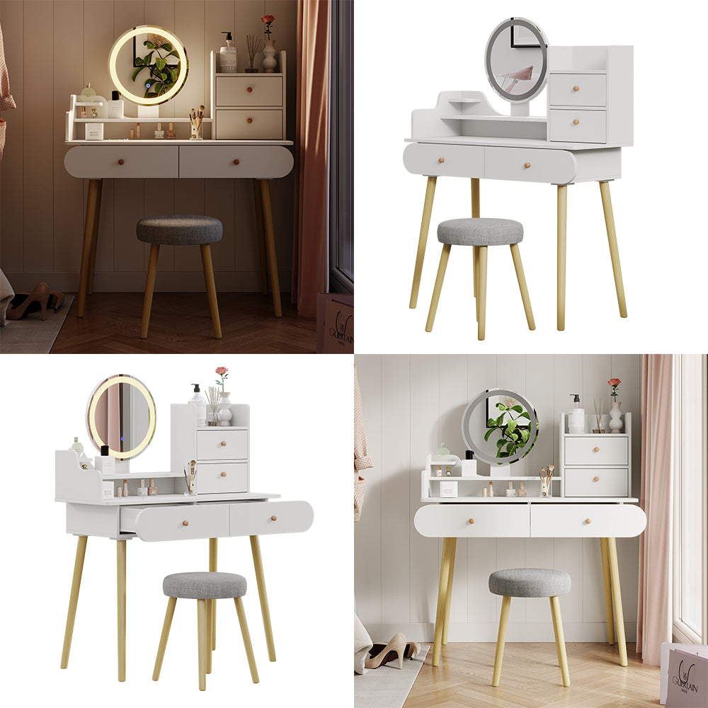 Vicco Tavolo da toeletta Bianco 100 cm con specchio LED e sgabello