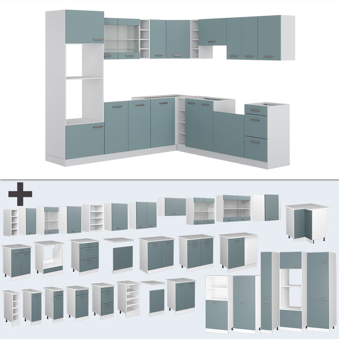 Vicco Cucina angolare completa Blu-grigio/bianco 237 x 60 cm senza piano di lavoro