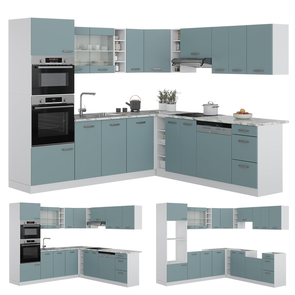 Vicco Cucina angolare completa Blu-grigio/bianco 237 x 60 cm senza piano di lavoro