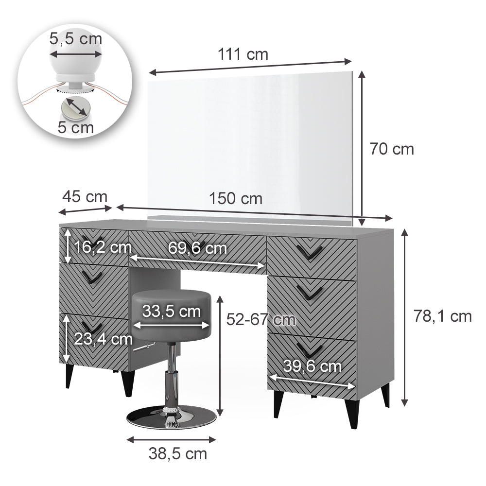 Vicco Tavolo da toeletta Grigio 150 cm con illuminazione LED e sgabello