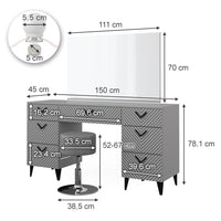 Vicco Tavolo da toeletta Grigio 150 cm con illuminazione LED e sgabello