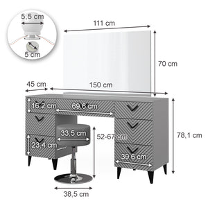 Vicco Tavolo da toeletta Grigio 150 cm con illuminazione LED e sgabello