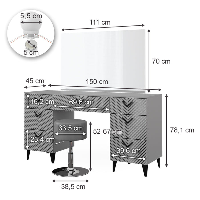 Vicco Tavolo da toeletta Grigio 150 cm con illuminazione LED e sgabello