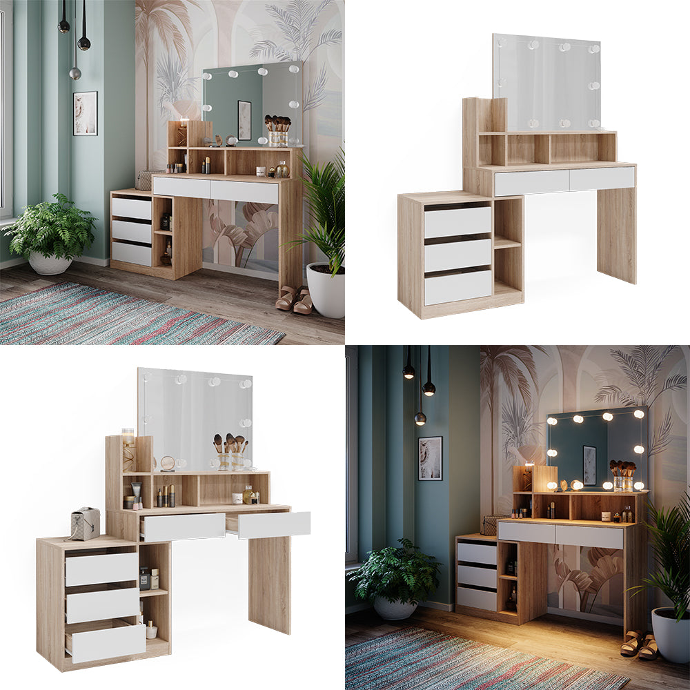 Vicco Tavolo da toilette Bianco/Sonoma 139.8 cm con illuminazione a LED