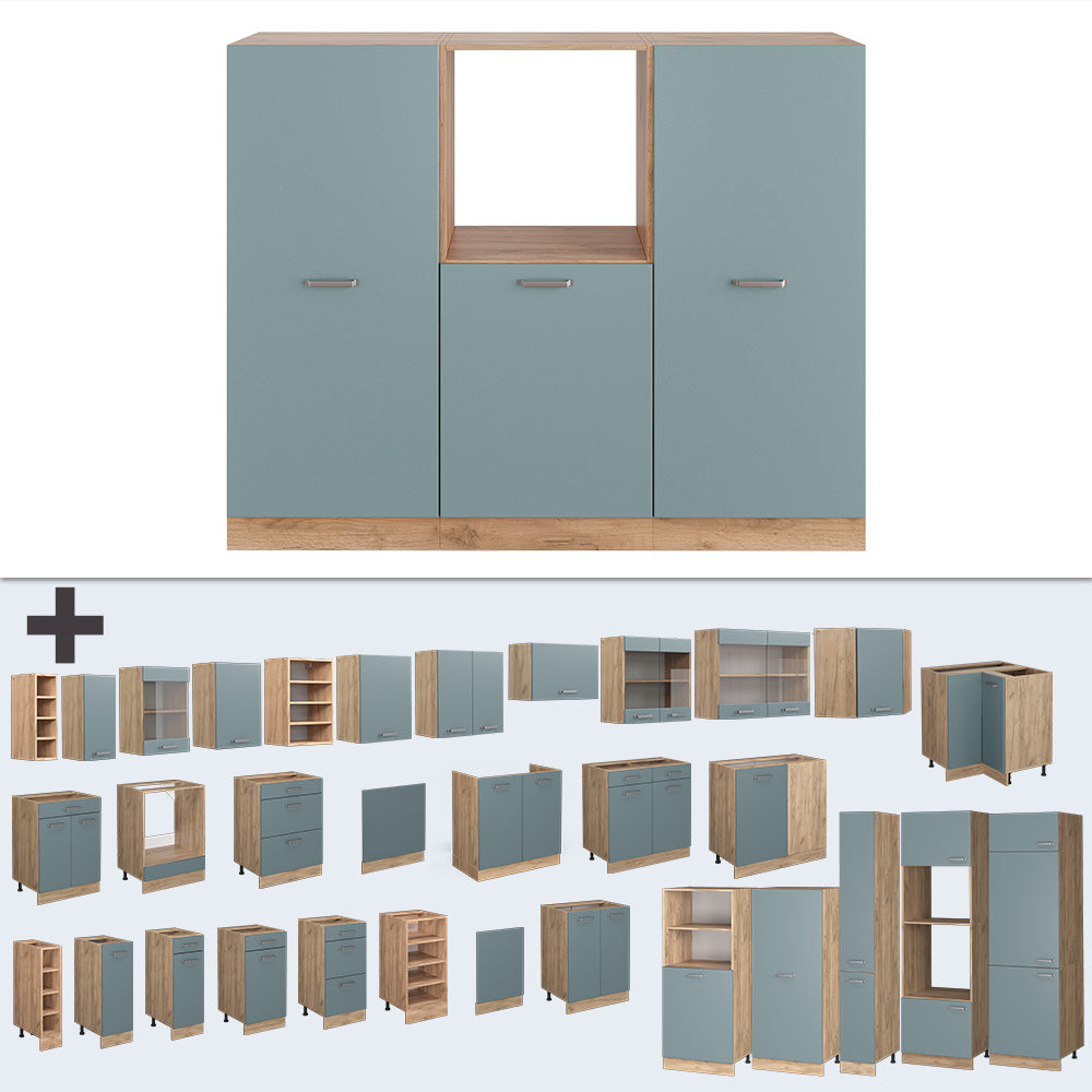 Vicco Cucine componibili piccole Rovere blu-grigio/oro 180 cm senza piano di lavoro