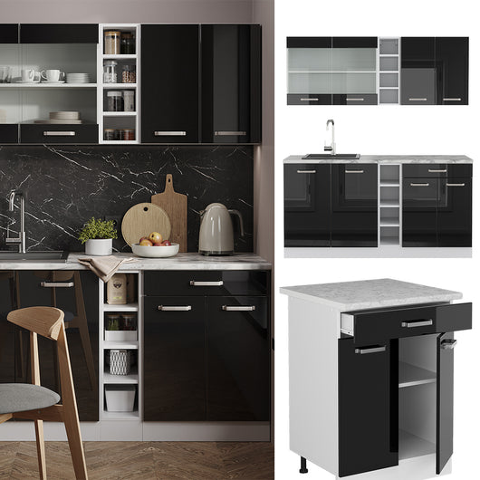 Vicco Cucina monoblocco Nero lucido 160 cm , PL Marmo