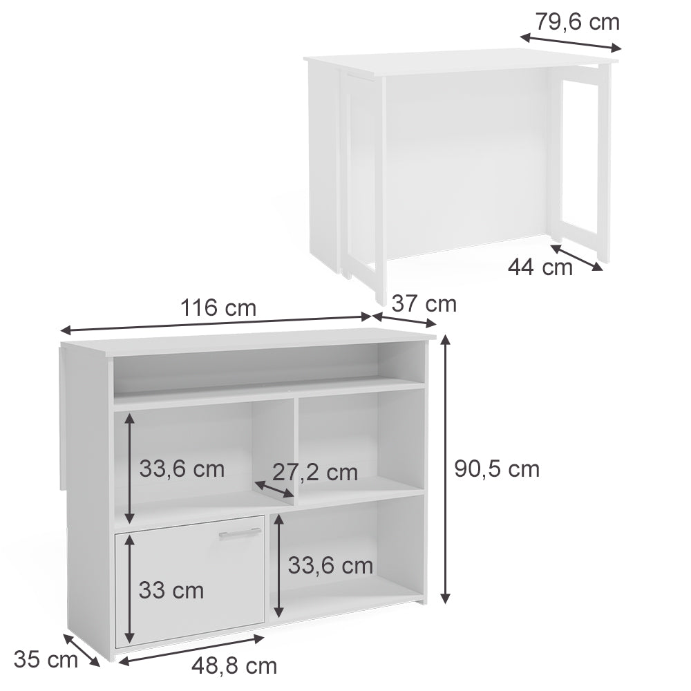Vicco Tavolo bar alto Bianco 116 x 37 cm 4x scomparti aperti e 1x porta