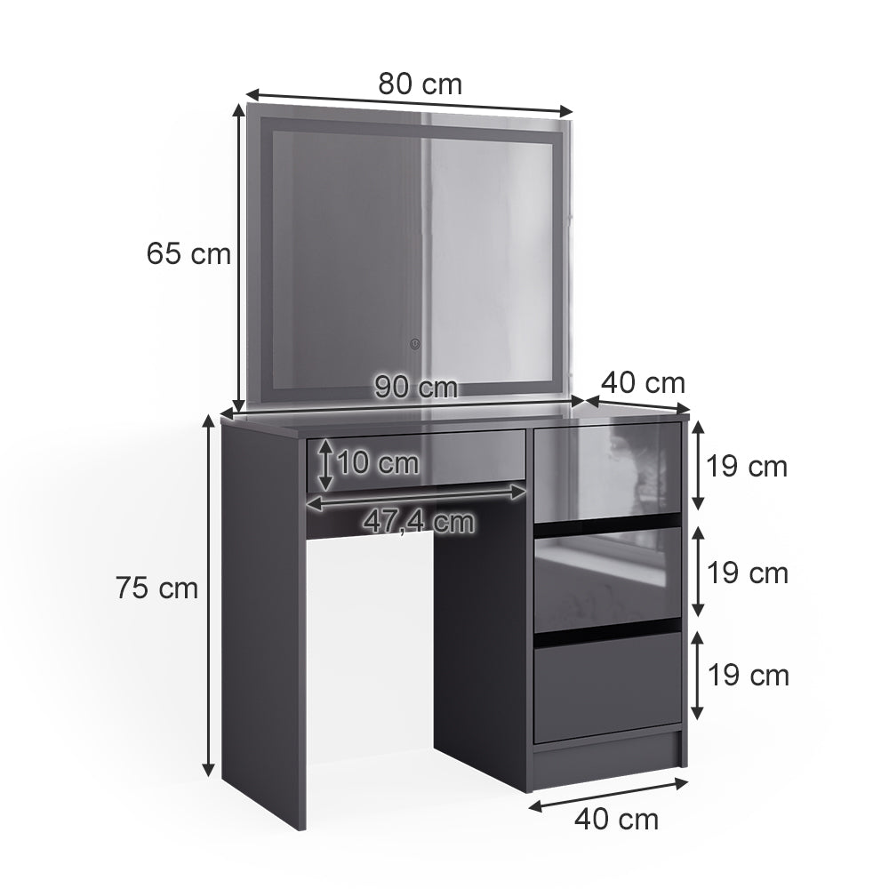 Vicco Tavolo da toeletta Antracite 90 cm con specchio a LED