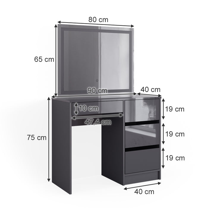 Vicco Tavolo da toeletta Antracite 90 cm con specchio a LED