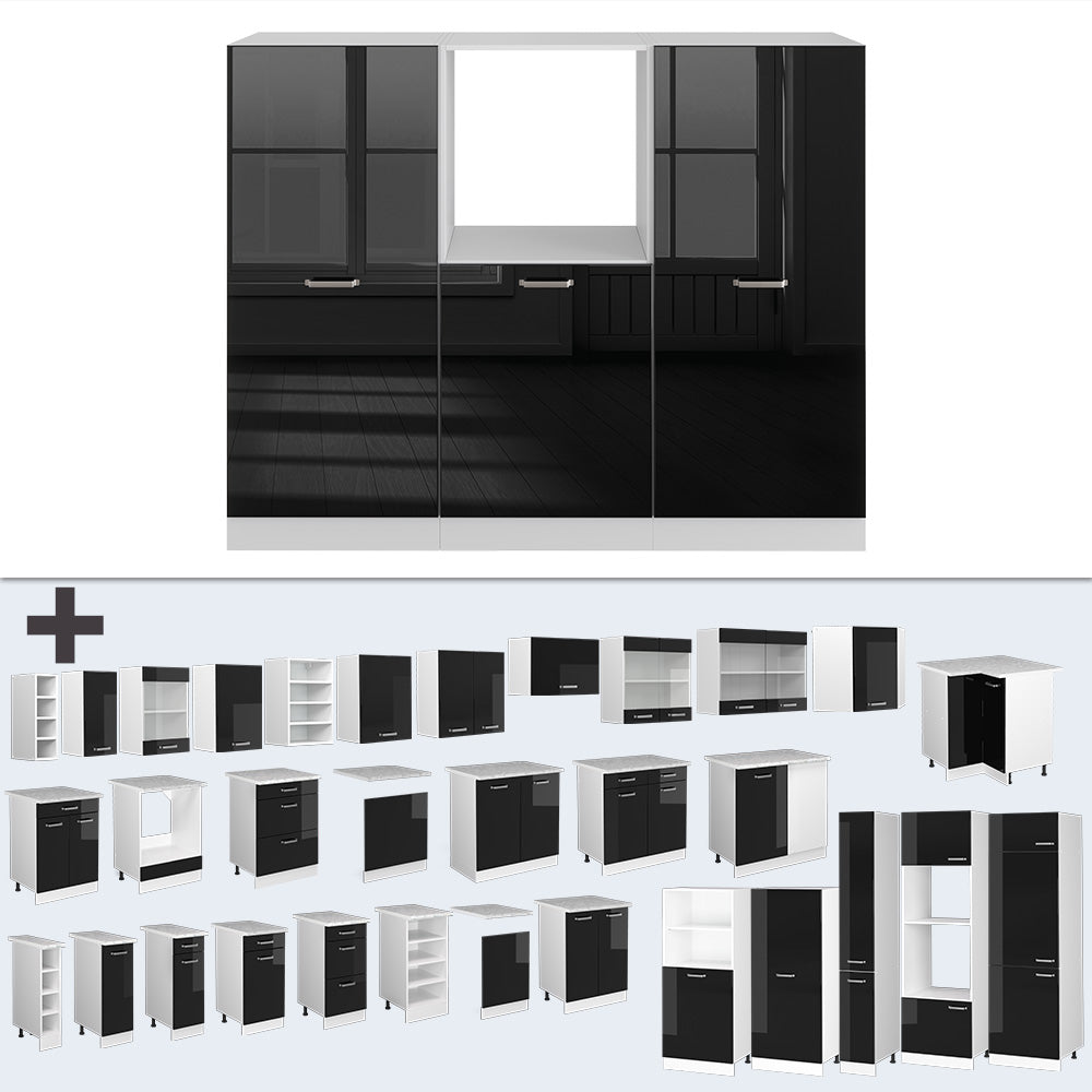 Vicco Cucine componibili piccole Nero lucido/bianco 180 cm senza piano di lavoro