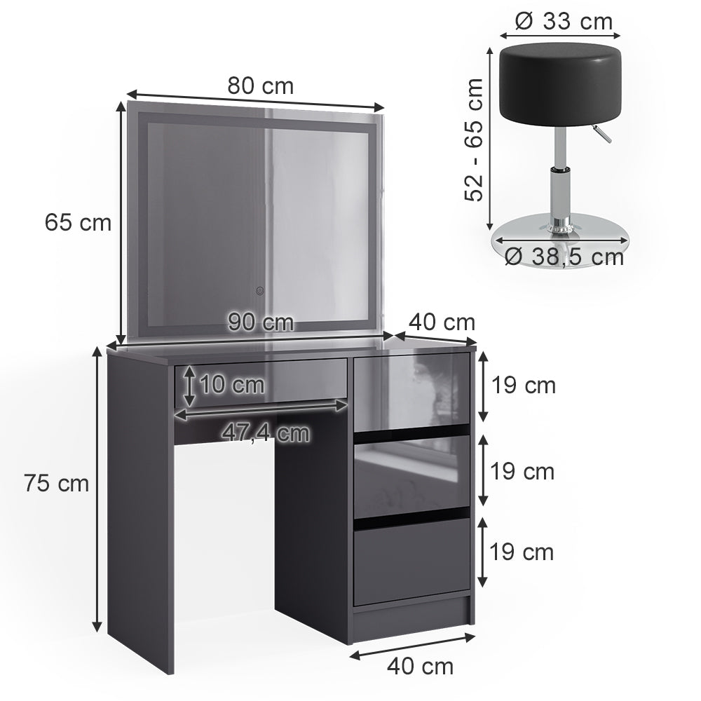 Vicco Tavolo da toeletta Antracite 40 cm con specchio LED e sgabello