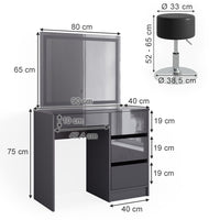 Vicco Tavolo da toeletta Antracite 40 cm con specchio LED e sgabello