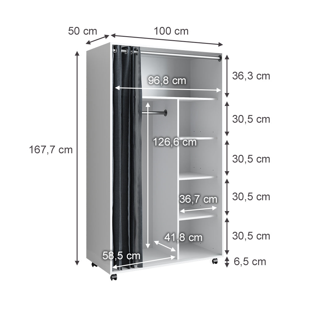 Vicco Armadio multifunzione Bianco 100 x 168 cm Con rulli