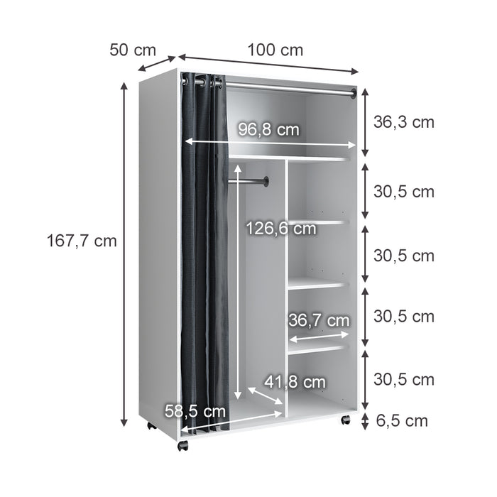Vicco Armadio multifunzione Bianco 100 x 168 cm Con rulli