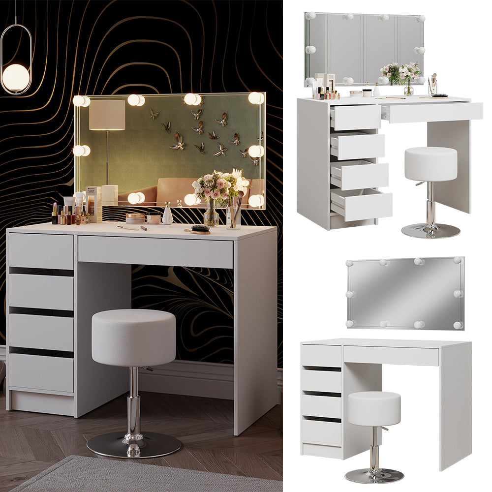 Vicco Tavolo da toilette Bianco 100 cm con illuminazione a LED e sgabello