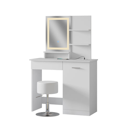 Vicco Tavolo da toeletta Bianco 90 cm con specchio LED, caricatore QI e sgabello