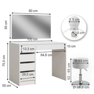 Vicco Tavolo da toilette Bianco 100 cm con illuminazione a LED e sgabello