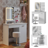 Vicco Tavolo da toeletta Bianco 90 cm con specchio LED, caricatore QI e sgabello