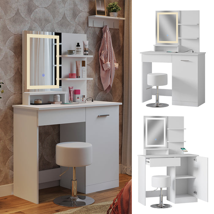 Vicco Tavolo da toeletta Bianco 90 cm con specchio LED, caricatore QI e sgabello
