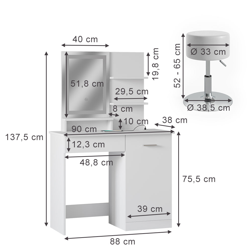 Vicco Tavolo da toeletta Bianco 90 cm con specchio LED, caricatore QI e sgabello