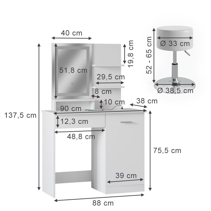 Vicco Tavolo da toeletta Bianco 90 cm con specchio LED, caricatore QI e sgabello