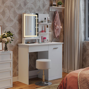 Vicco Tavolo da toeletta Bianco 90 cm con specchio LED, caricatore QI e sgabello