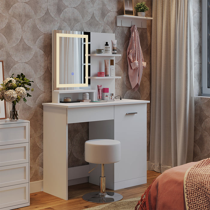 Vicco Tavolo da toeletta Bianco 90 cm con specchio LED, caricatore QI e sgabello