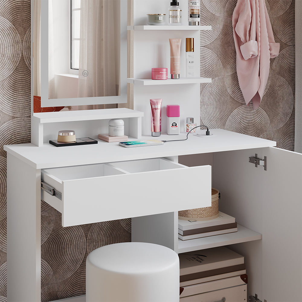 Vicco Tavolo da toeletta Bianco 90 cm con specchio LED, caricatore QI e sgabello