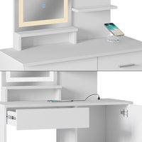 Vicco Tavolo da toeletta Bianco 90 cm con specchio LED, caricatore QI e sgabello