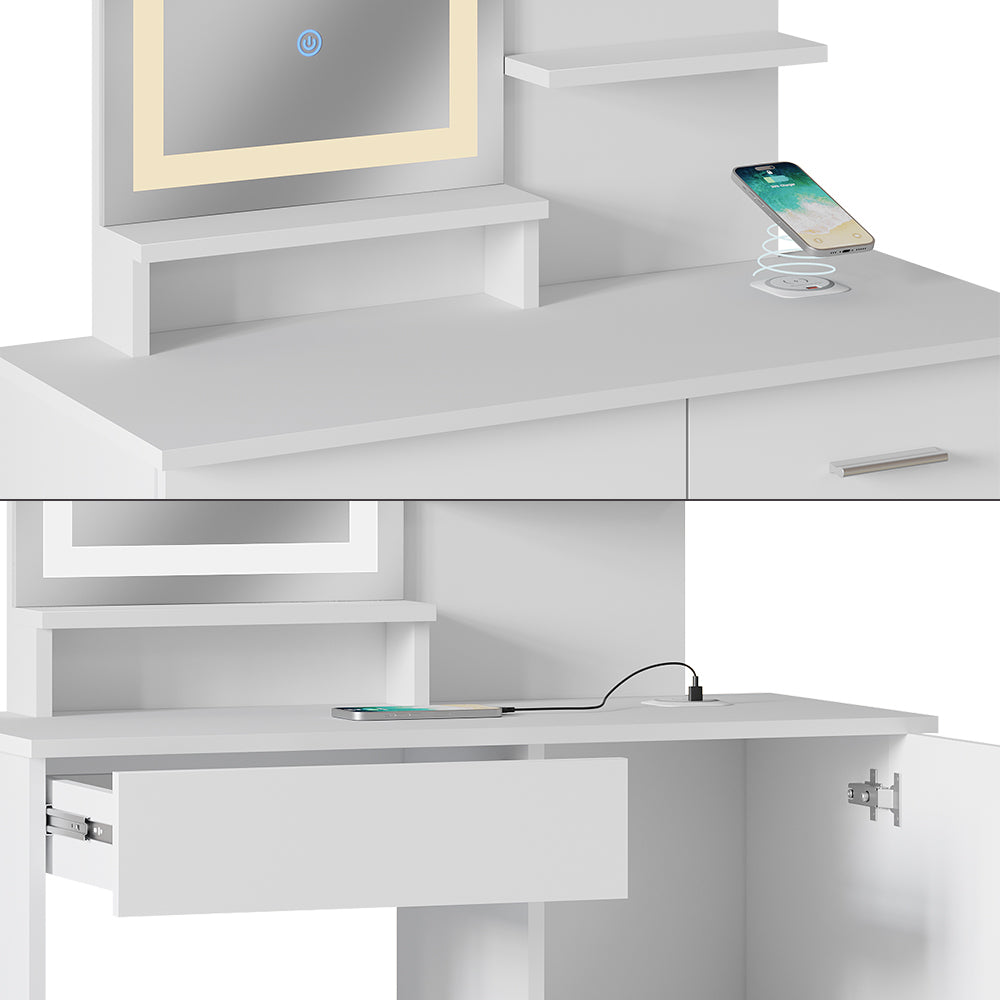 Vicco Tavolo da toeletta Bianco 90 cm con specchio a LED e stazione di ricarica QI