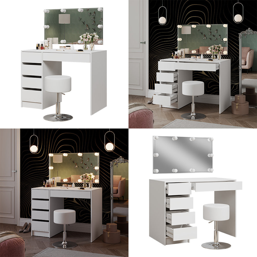 Vicco Tavolo da toilette Bianco 100 cm con illuminazione a LED e sgabello