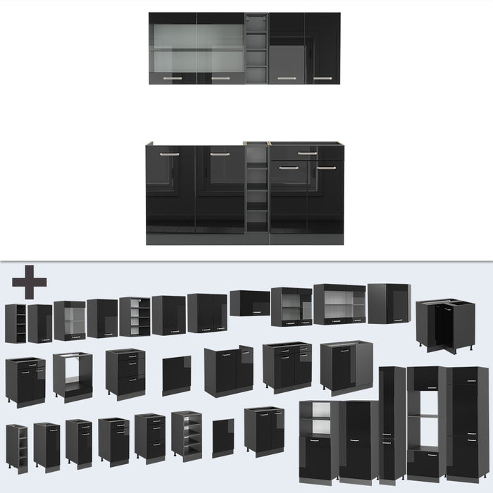 Vicco Cucina monoblocco Nero lucido/antracite 160 cm Senza piano di lavoro