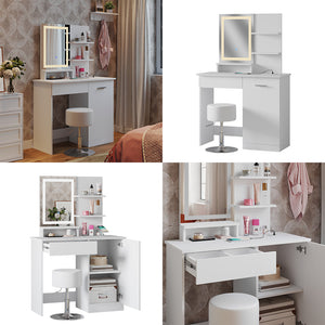 Vicco Tavolo da toeletta Bianco 90 cm con specchio LED, caricatore QI e sgabello